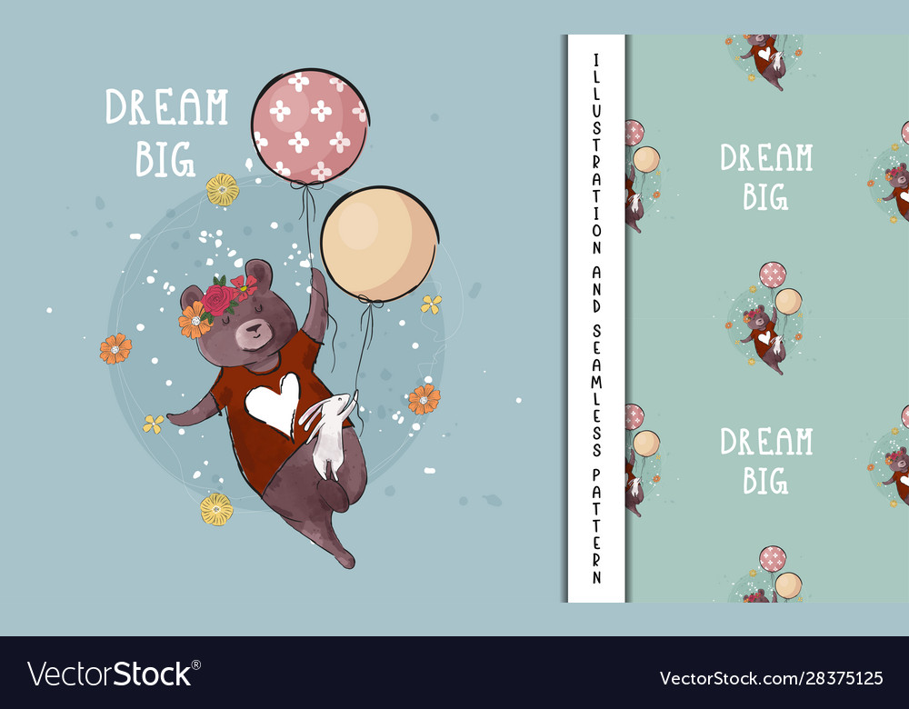 Cute bear and bunny flying with balloons for kids