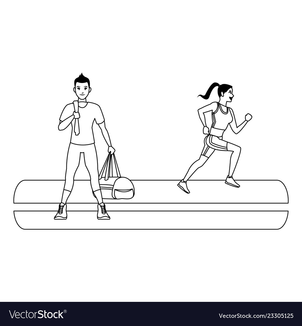 Fitness man and woman running in black white