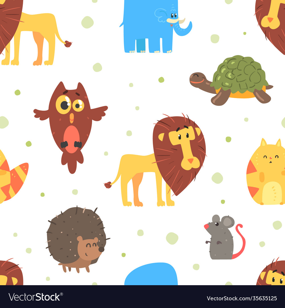 Funny animals seamless pattern cute lion owl