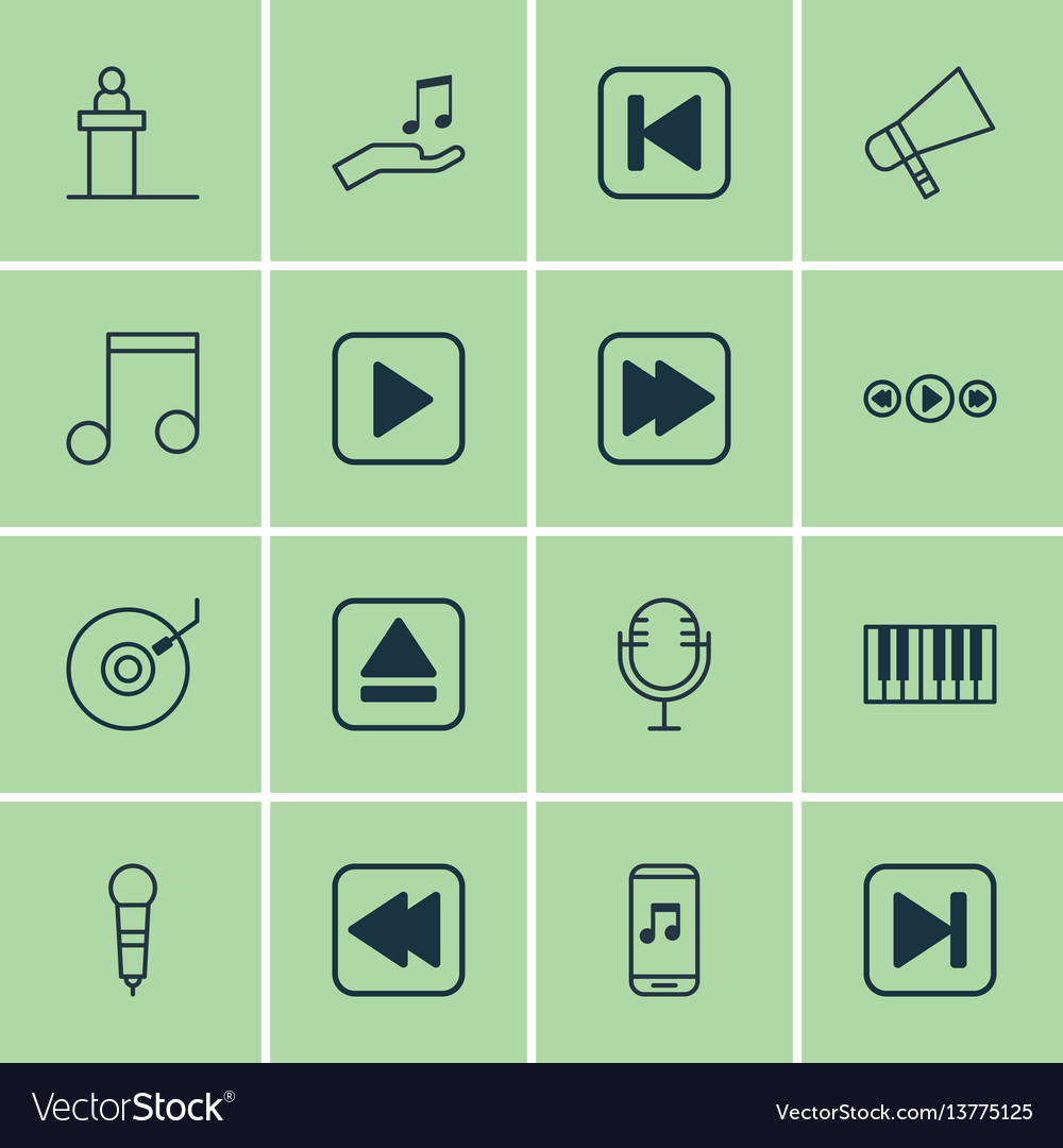 Set of 16 audio icons includes extract device vector image Set of 16 audio icons includes extract device