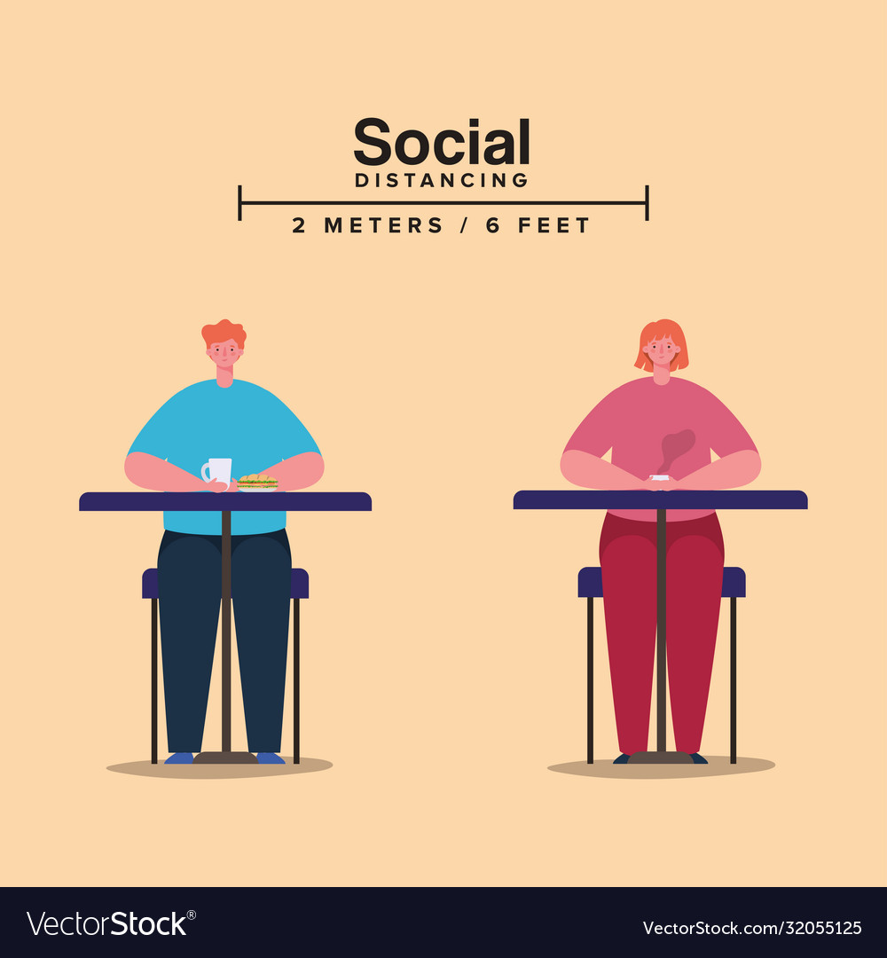 Social distancing between woman and man on tables Vector Image