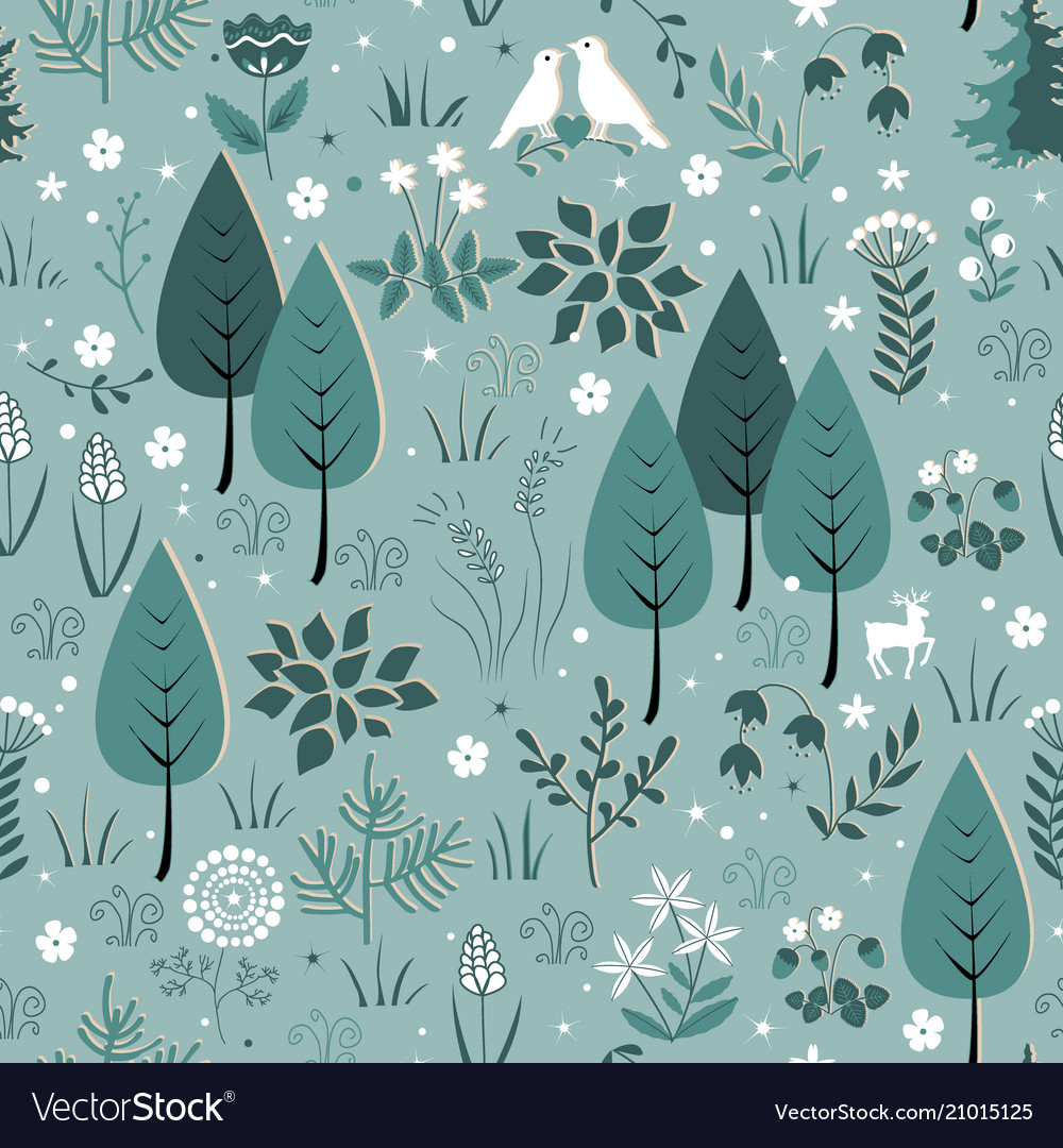 Spring pattern with birds flowers and trees vector image Spring pattern with birds flowers and trees