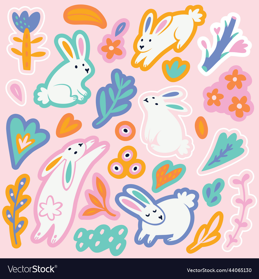 Cute cartoon sticker set with white rabbits Vector Image