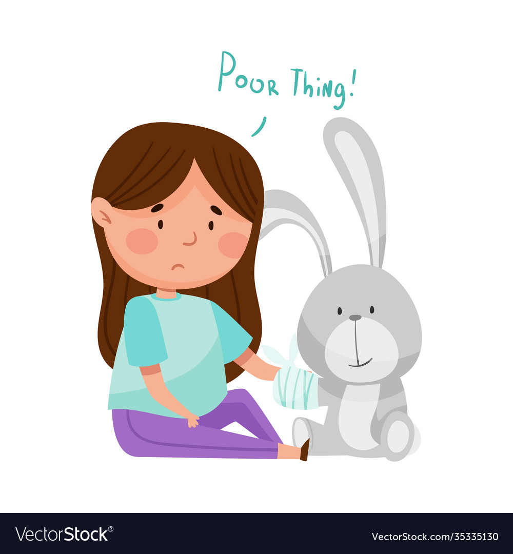 Sad girl feeling pity about fluffy hare toy Vector Image