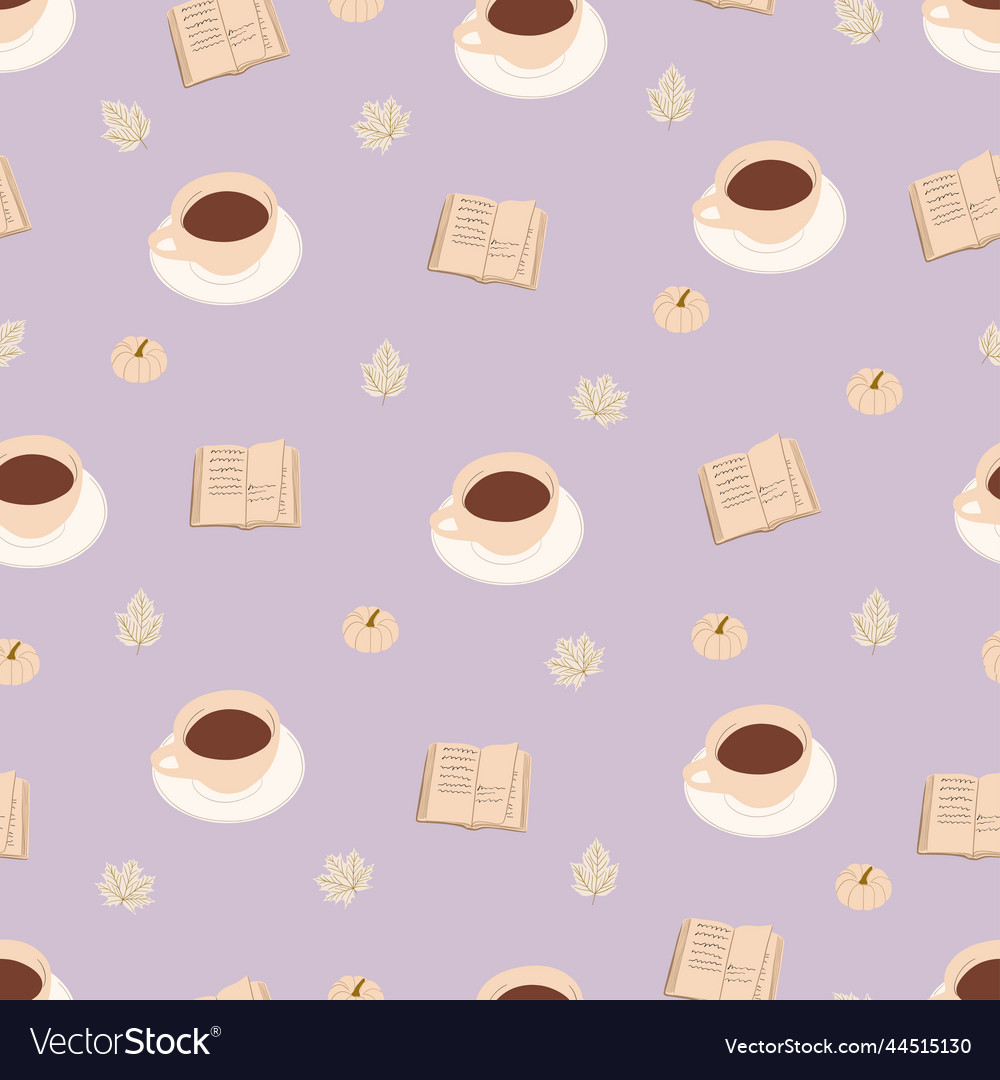 Nahtloses Muster mit Tasse Kaffee Buch Kürbis vector image Nahtloses Muster mit Tasse Kaffee Buch Kürbis