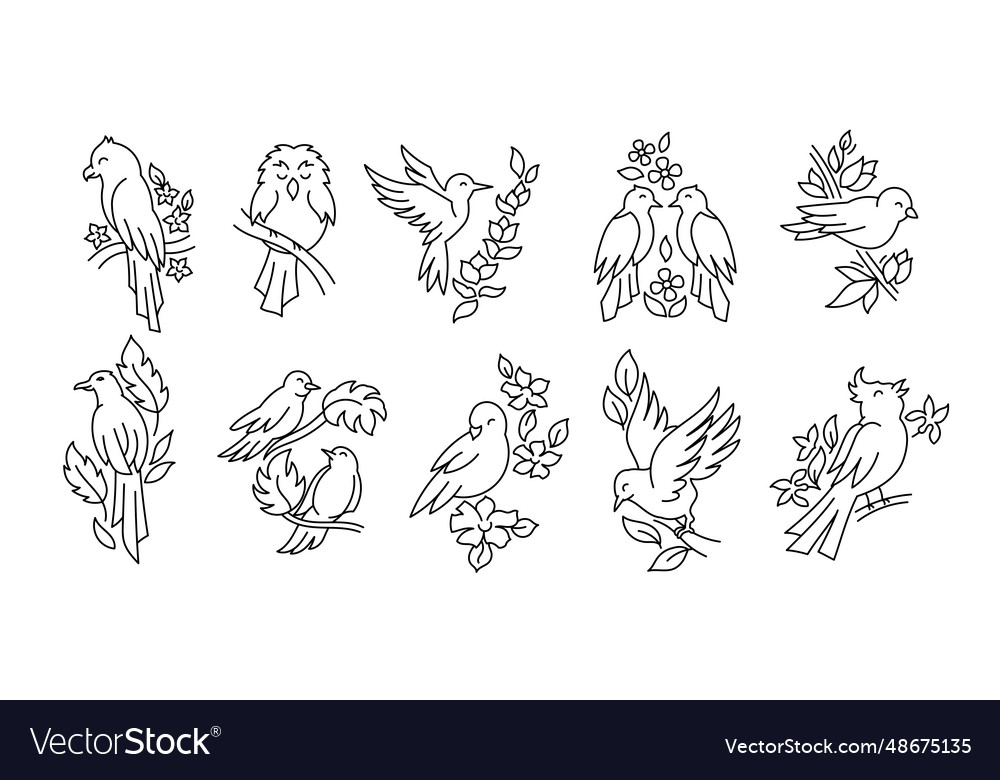 Birds on a branch line icon set editable
