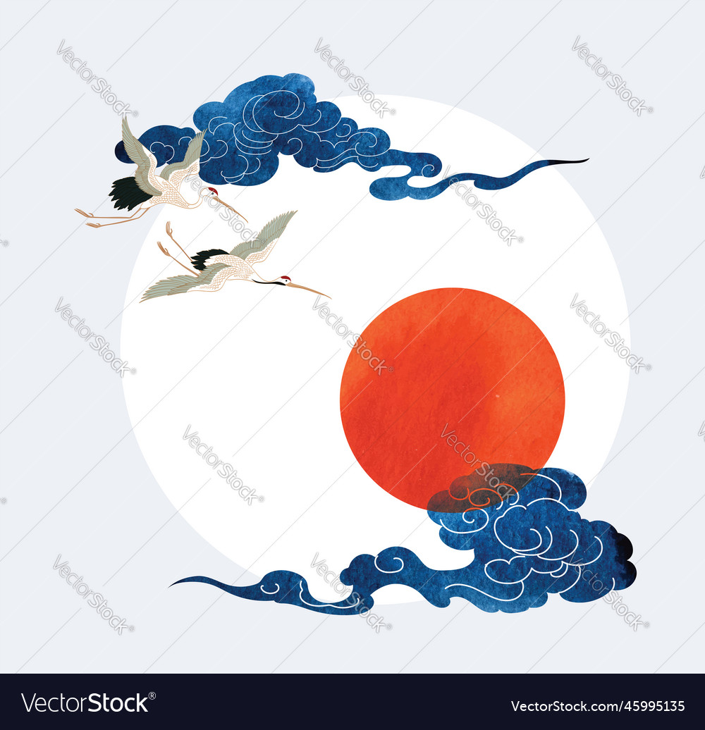 Crane Birds Chinese Cloud Decorations With Blue Vector Image