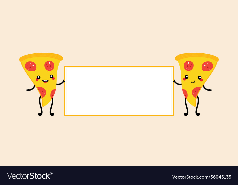 Cute pizza slice characters holding card banner