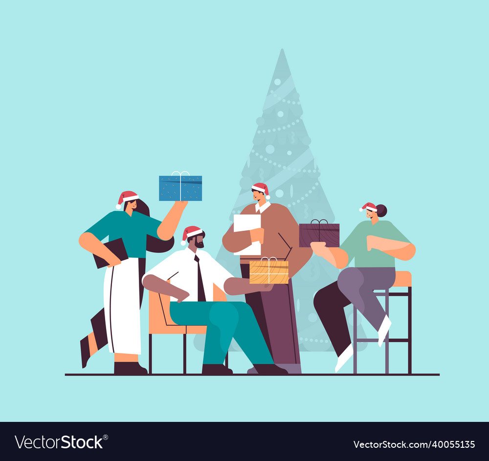 People in santa hats holding gifts businesspeople vector image People in santa hats holding gifts businesspeople