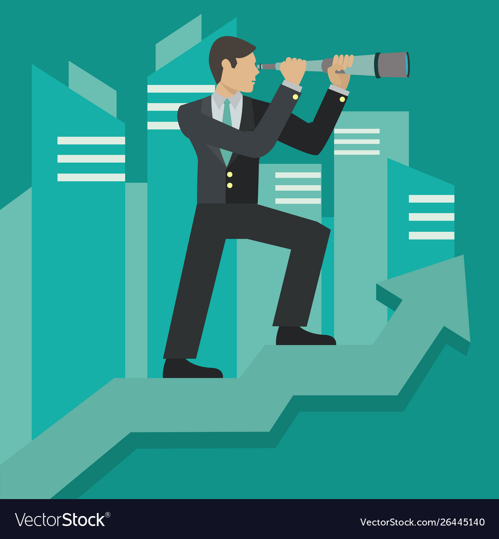 A businessman stands on top graph arrow using