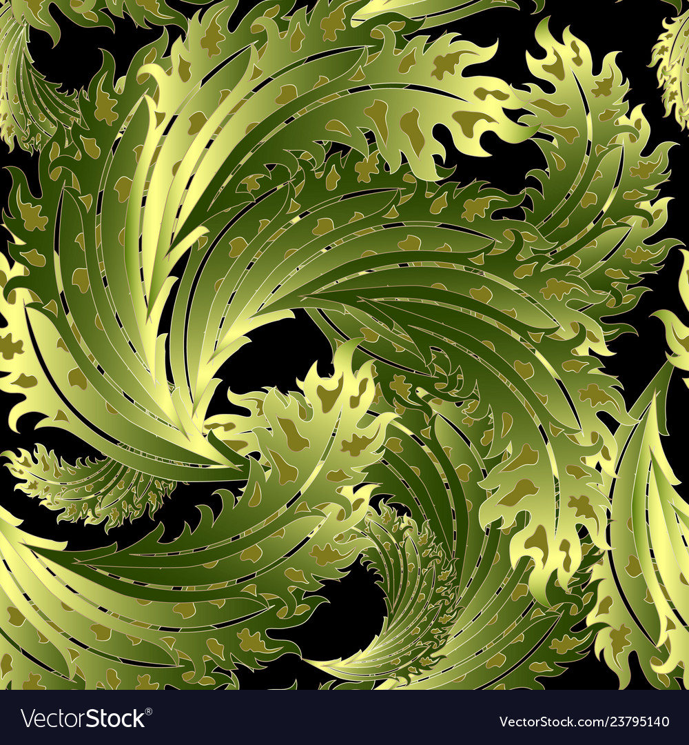 Ornate green leafy baroque 3d seamless pattern