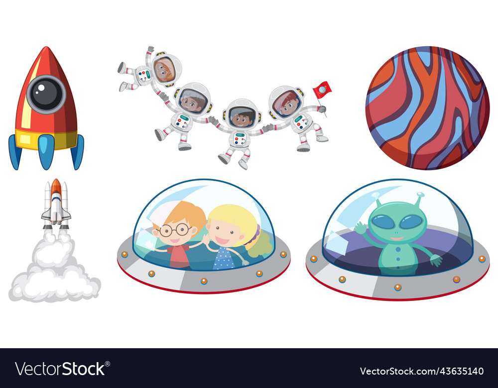 Set of space cartoon characters and objects vector image Set of space cartoon characters and objects