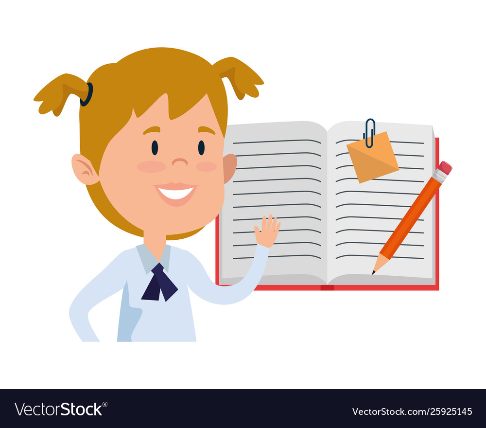 Happy student girl with textbook and pencil