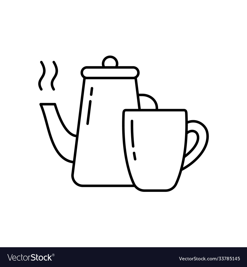 Kettle with boiling water and cup linear icon