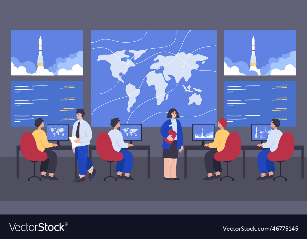 People monitoring rocket launch at command center vector image People monitoring rocket launch at command center