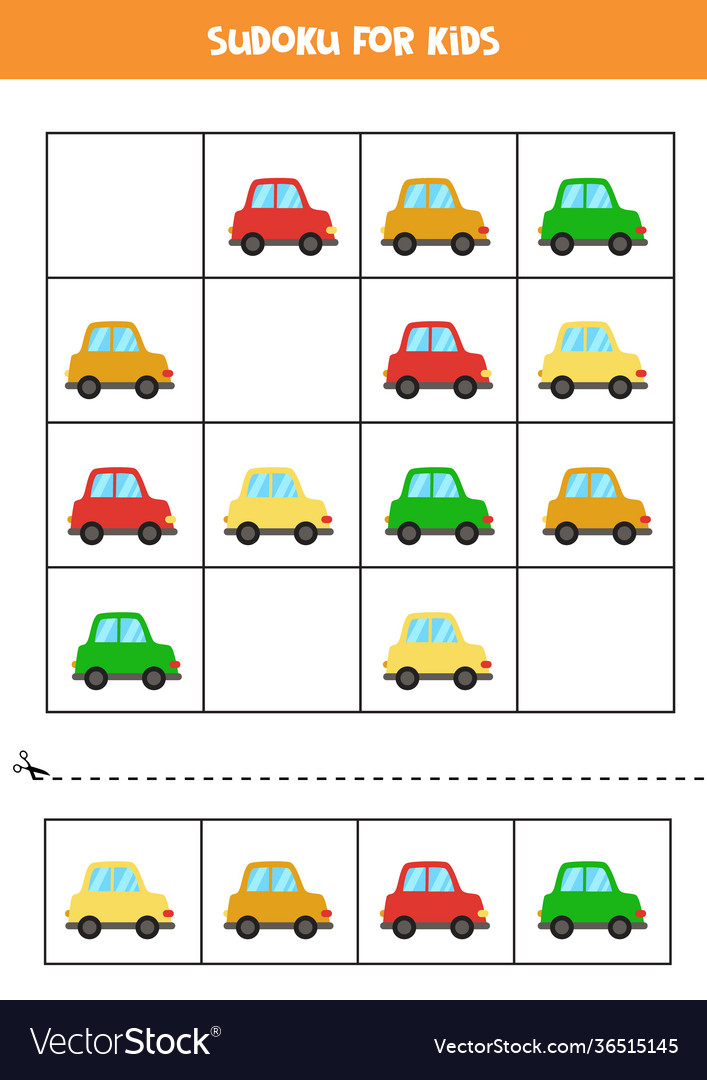 Sudoku game for kids with cartoon colorful cars Vector Image