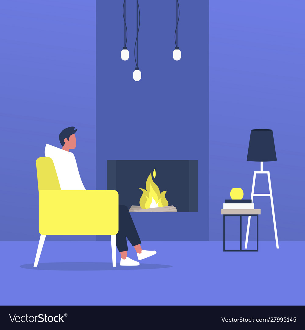 Young male character sitting next to a fireplace Vector Image