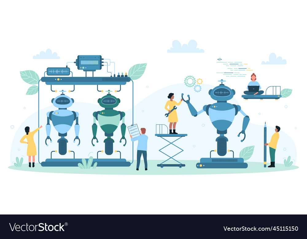 Automation of robot assembly process tiny vector image Automation of robot assembly process tiny