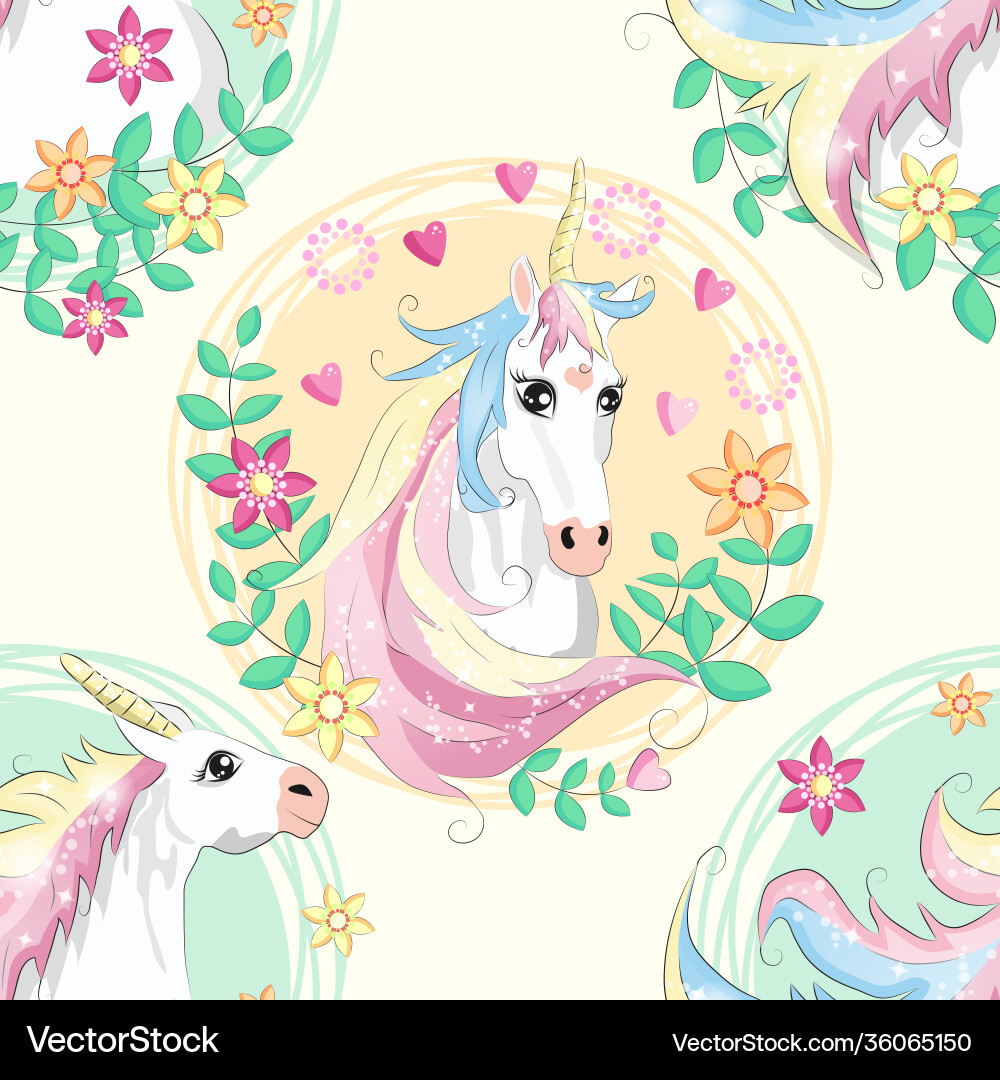Pattern with cute unicorns cloudsrainbow Vector Image