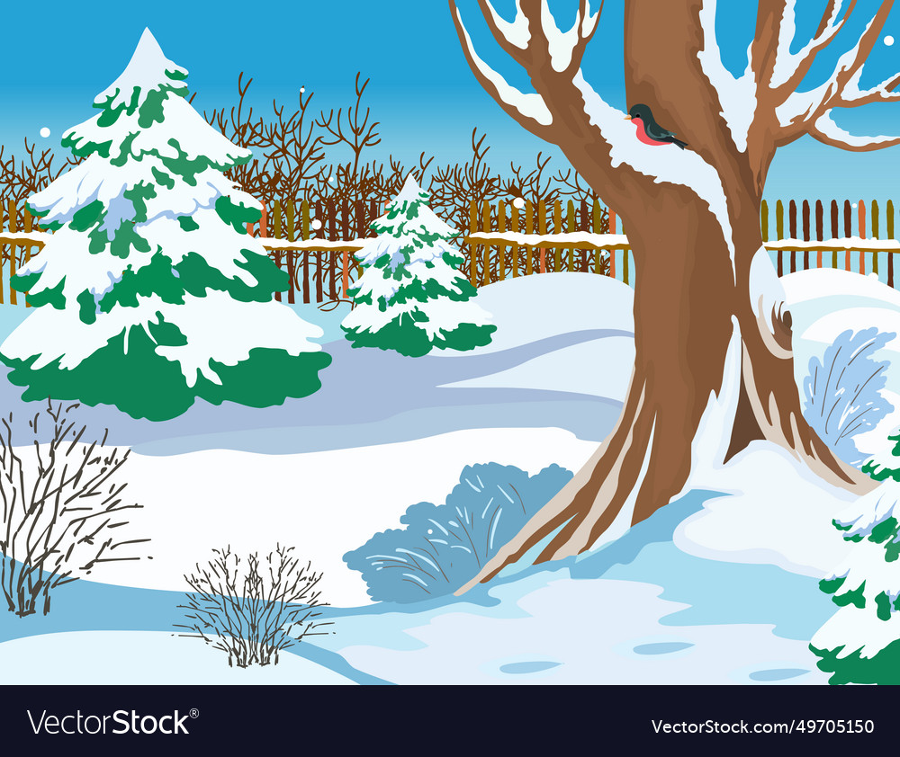 Village fence with trees and snow winter