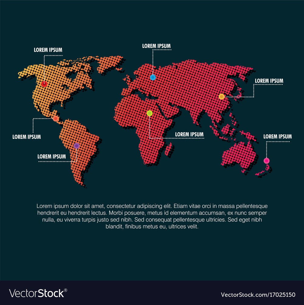 World map infographic with pin marks continents