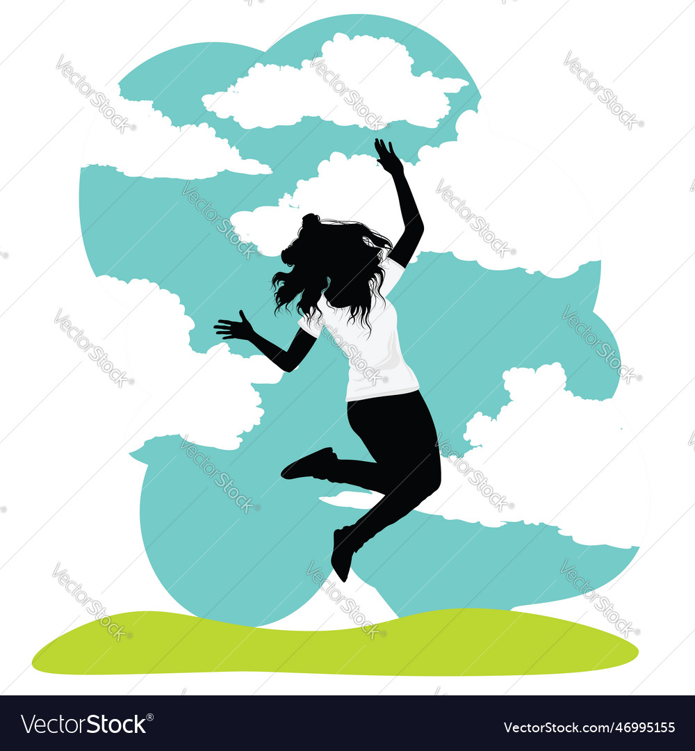 Girl silhouette in white shirt jump to the sky