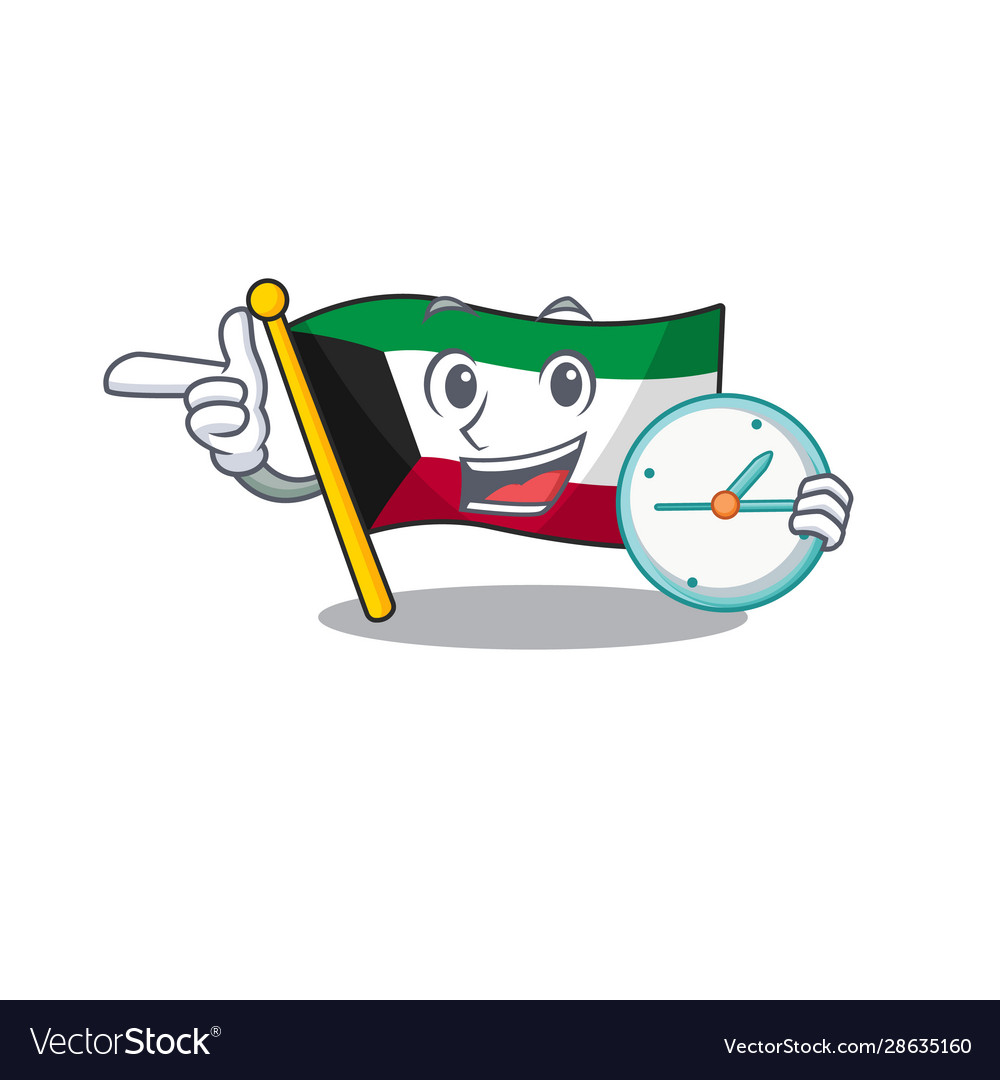 Cartoon character style flag kuwait having clock Vector Image