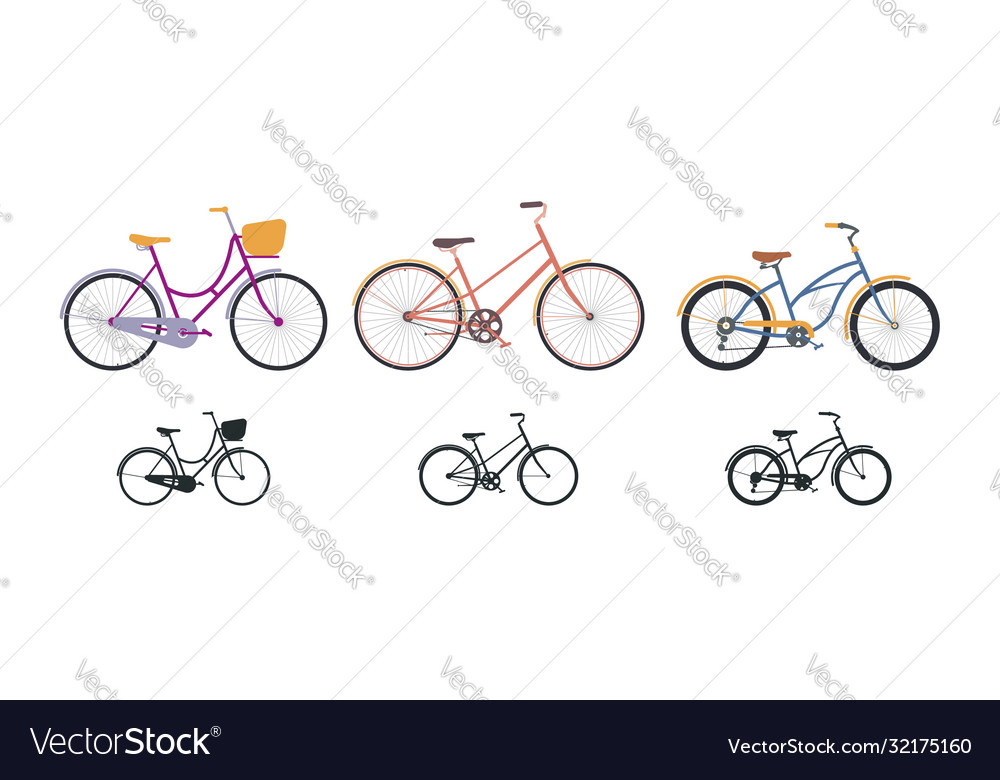 Set three vintage bicycles in flat style