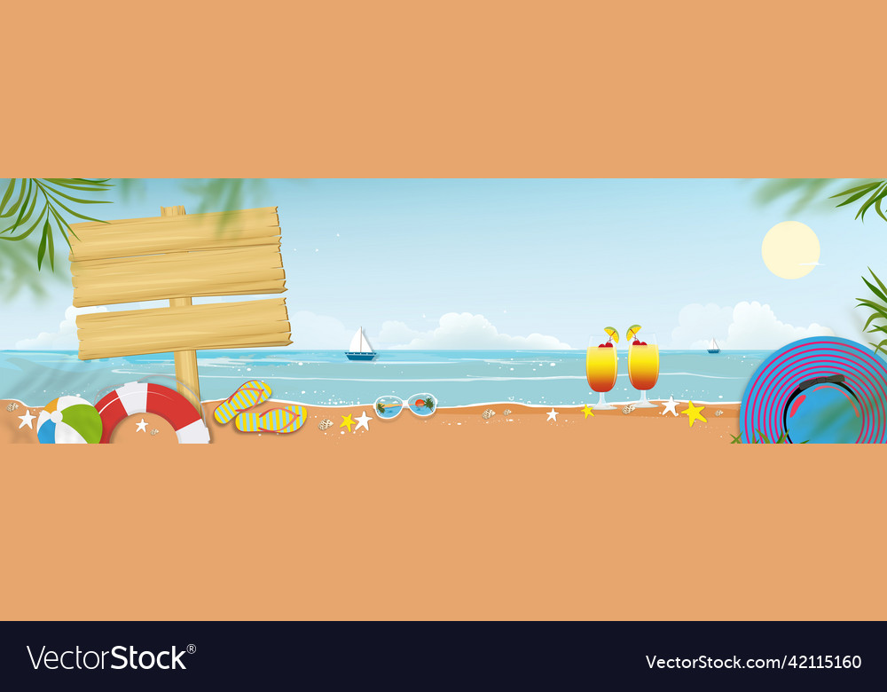 Summer background with wooden signboard on sea