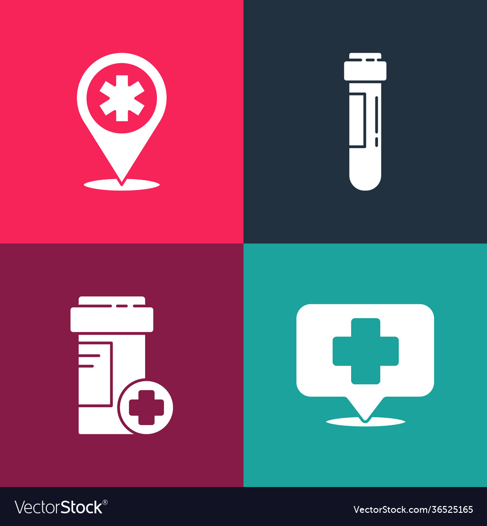 Set pop art map pointer with cross hospital vector image Set pop art map pointer with cross hospital