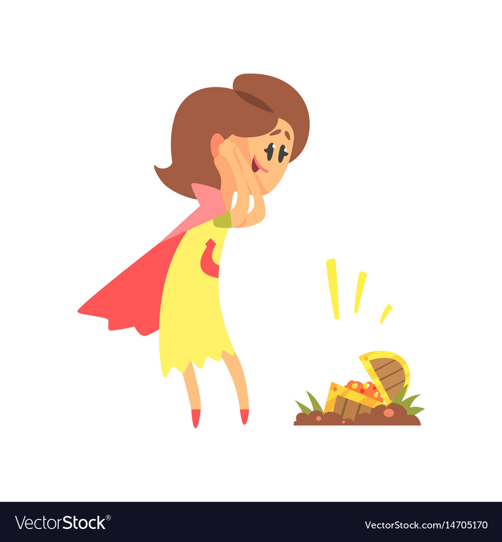 Cute cartoon woman found a treasure chest Vector Image