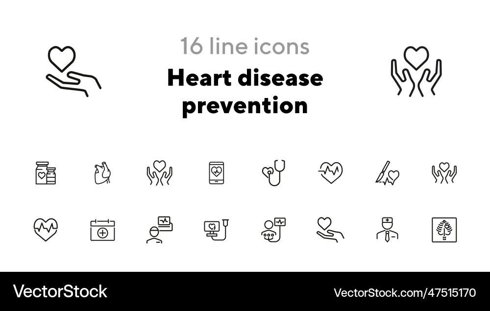 Heart disease prevention line icon set Royalty Free Vector