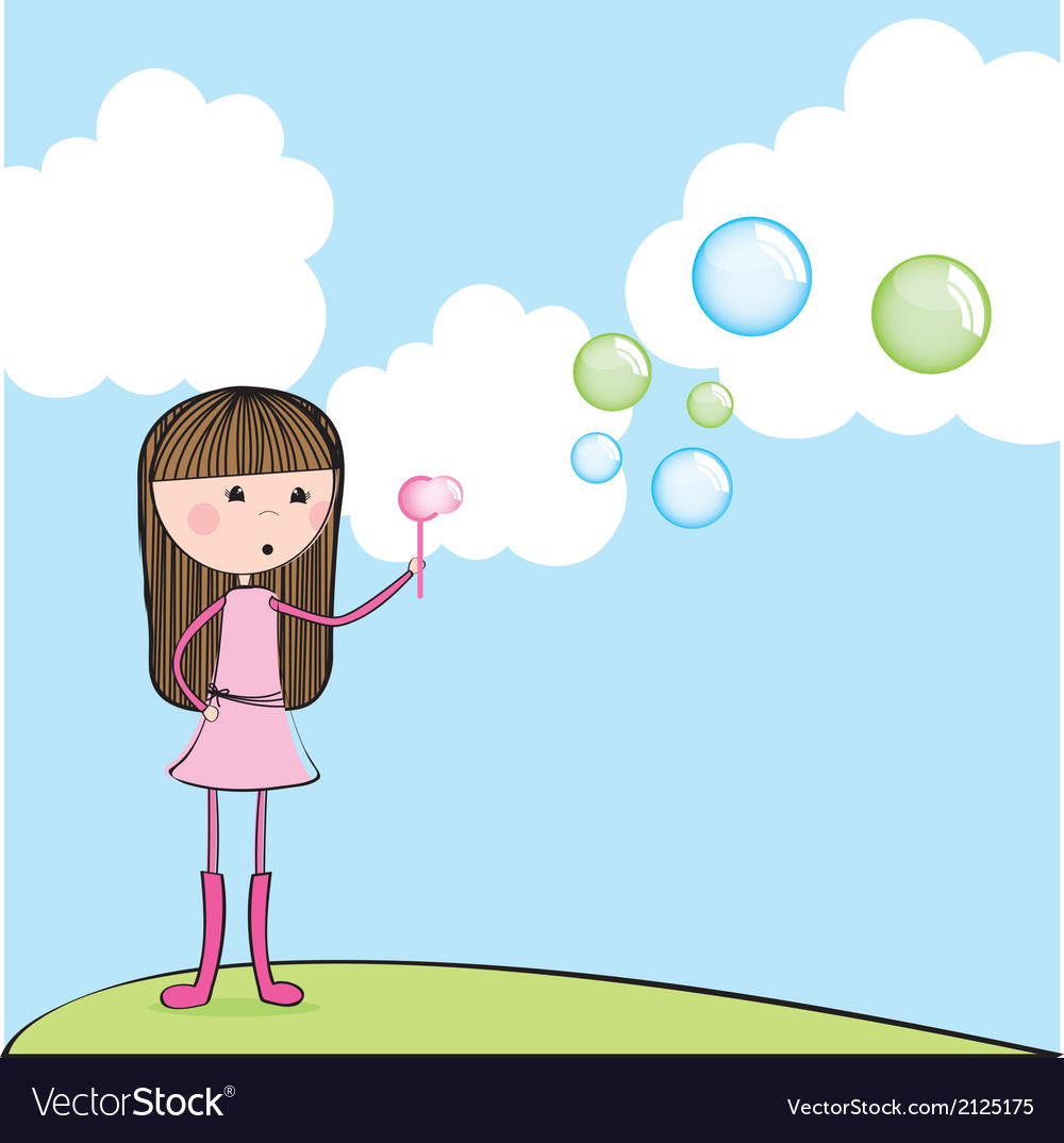 Girl blowing soap bubbles over landscape Vector Image