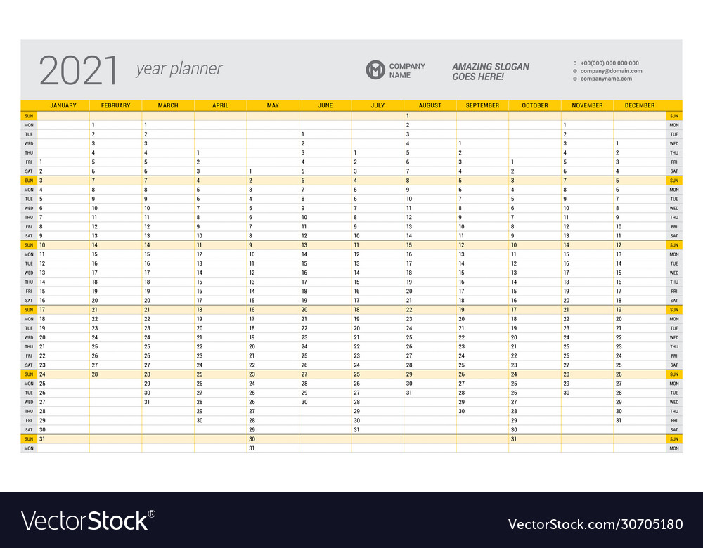 Calendar yearly planner template for 2021 Vector Image