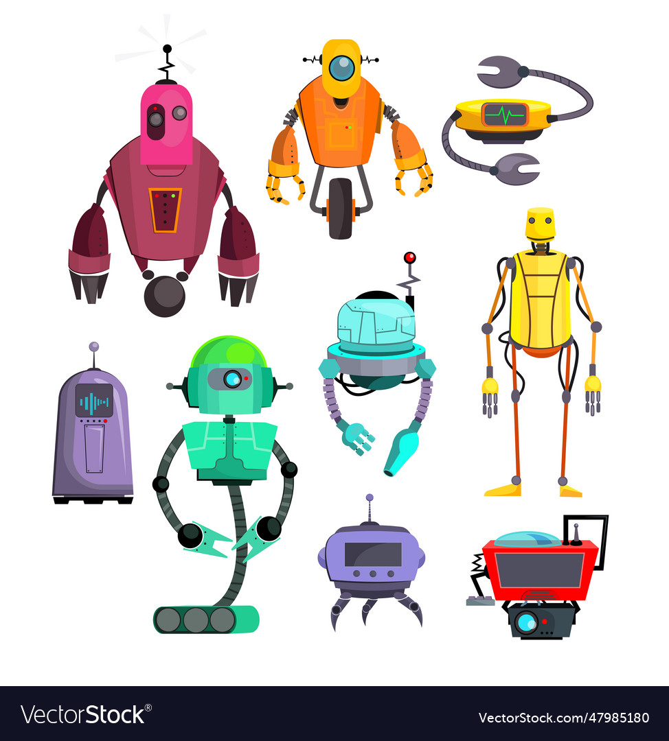Colorful robots set vector image Colorful robots set