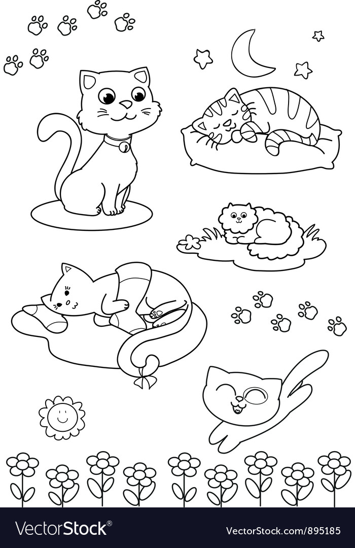 Cute cartoon cats coloring page Royalty Free Vector Image