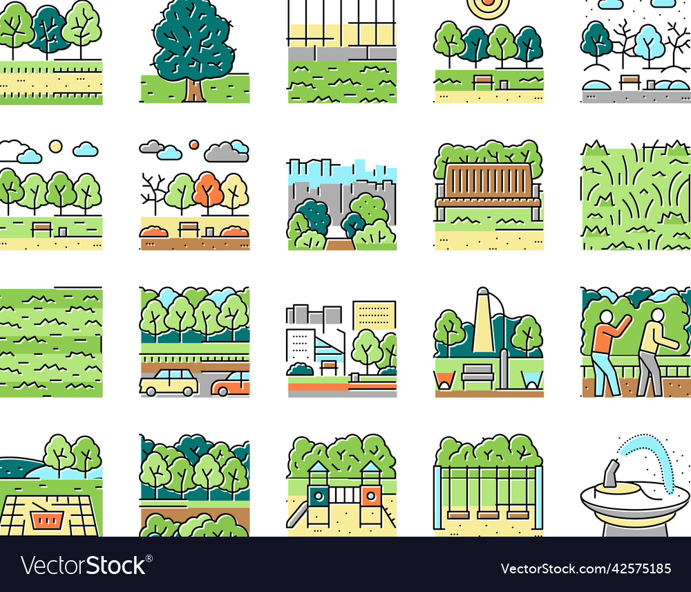 Park meadow nature and playground icons set