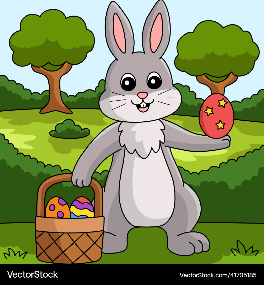 Rabbit holding easter basket colored Royalty Free Vector