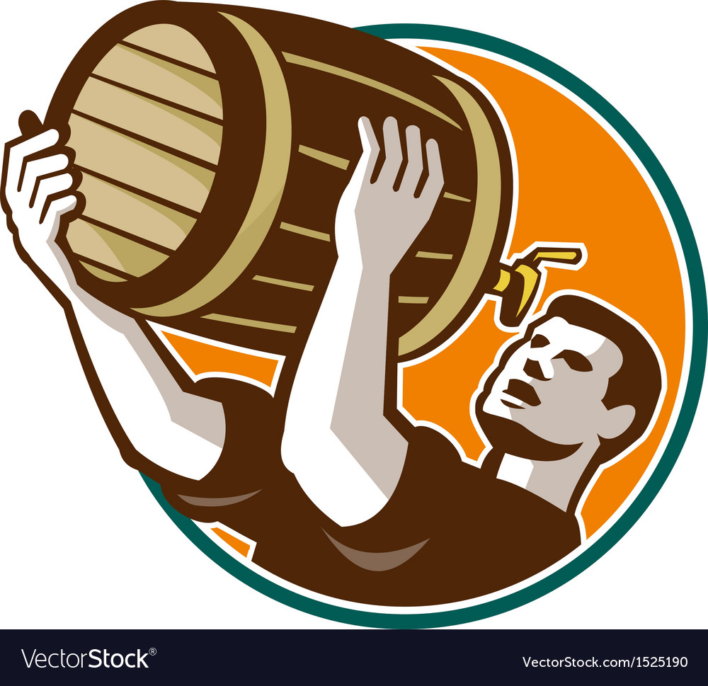 Bartender pouring drinking keg barrel beer retro Vector Image