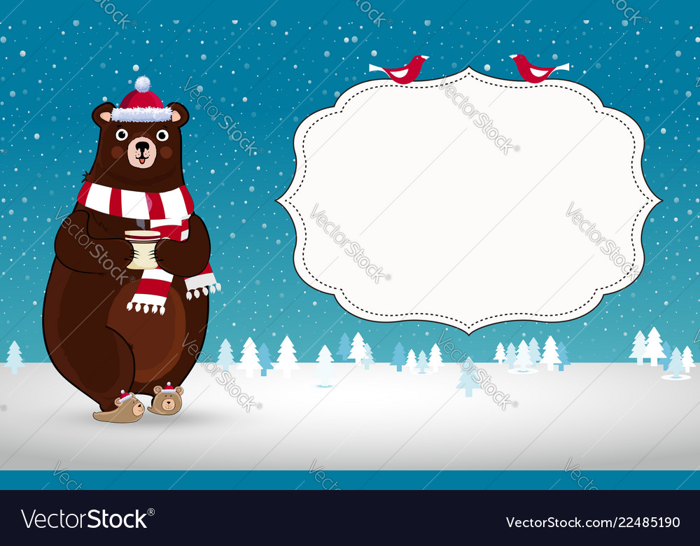 Cute cartoon bear in santa hat on snowy