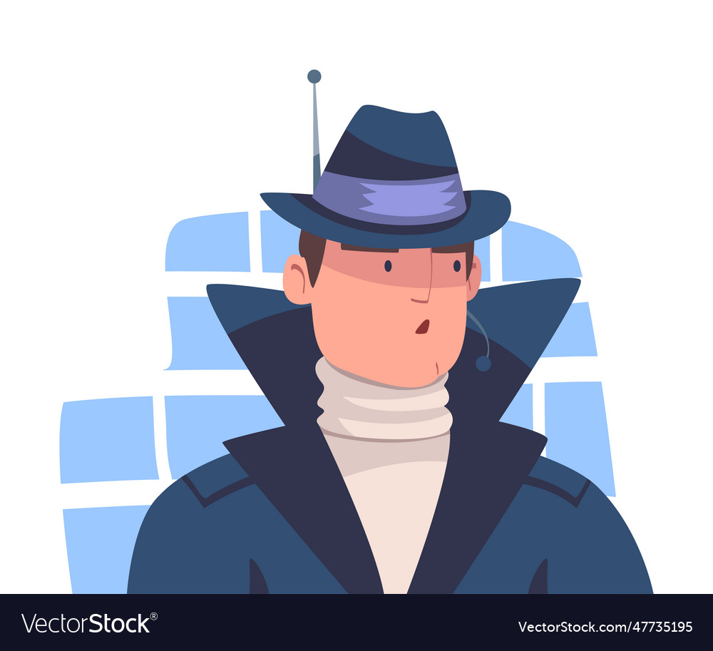 Man spy character in black coat and hat Royalty Free Vector