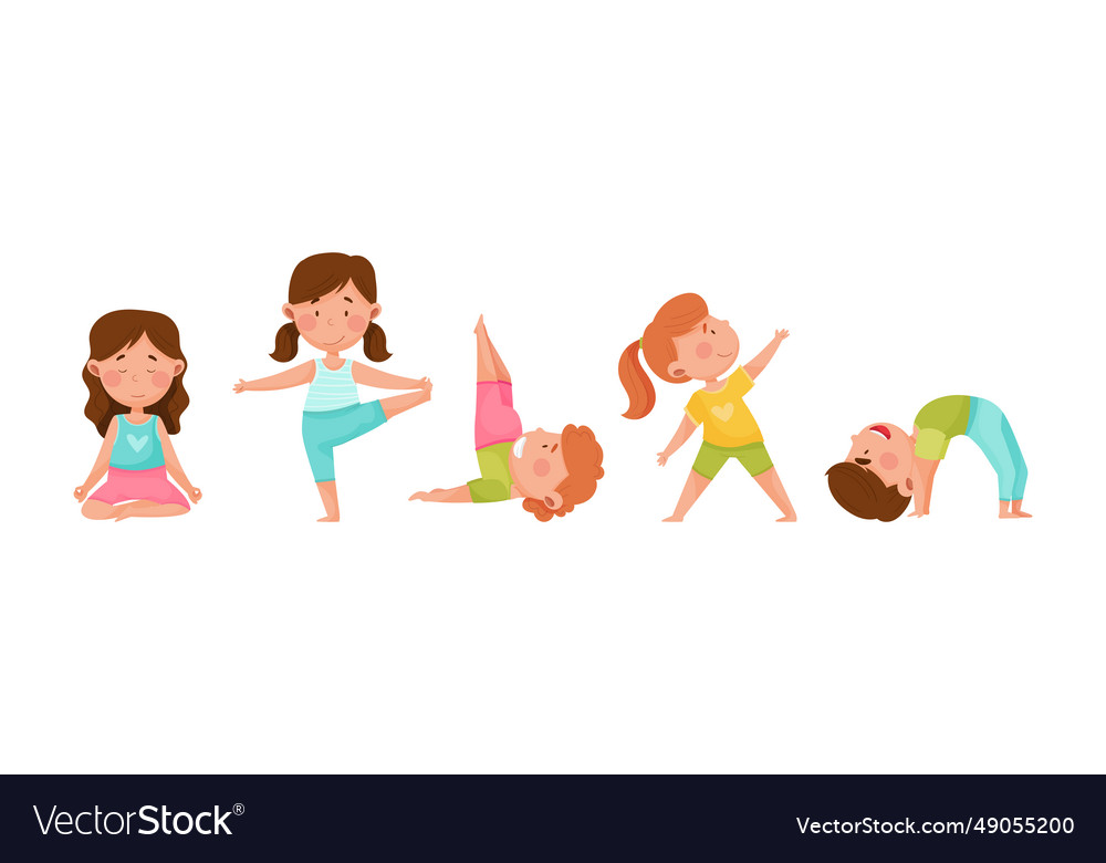 Kid characters doing yoga standing in different Vector Image