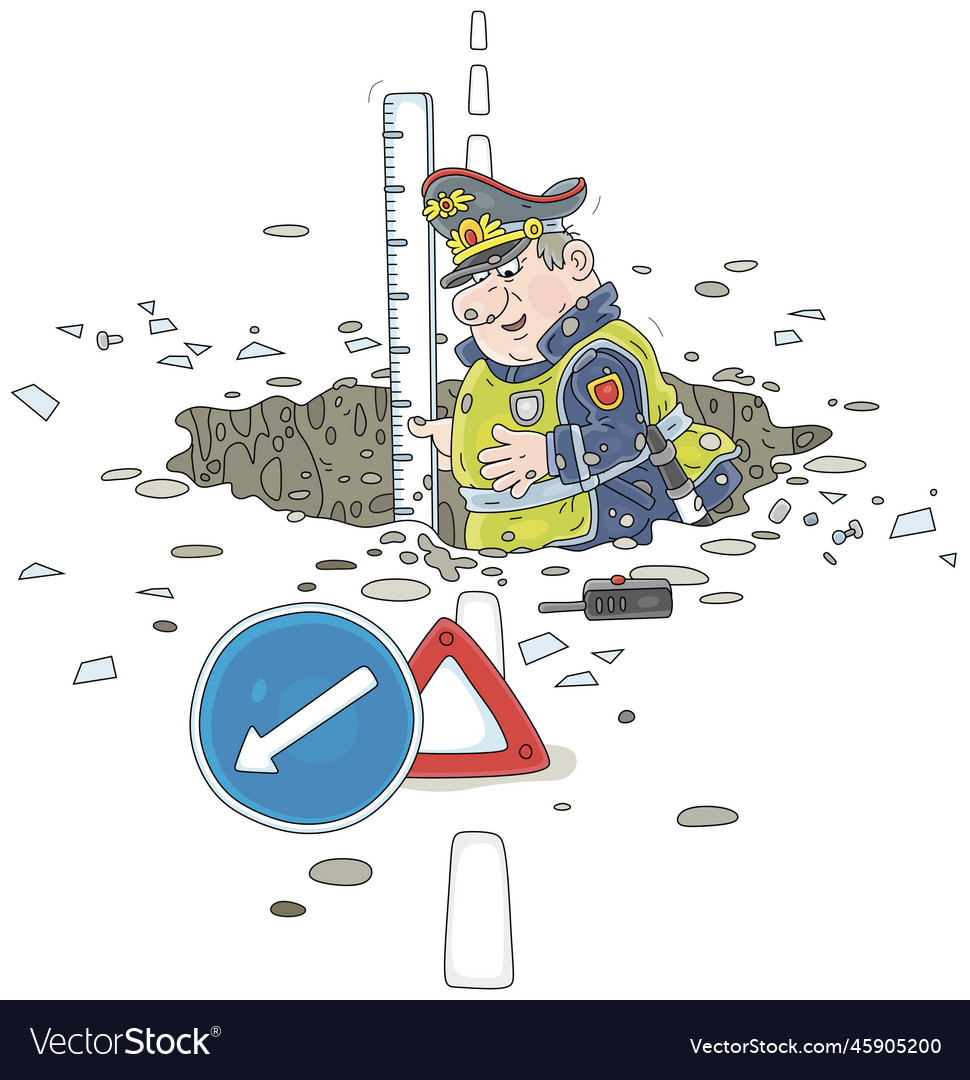 Traffic cop measuring a depth of road pothole Vector Image