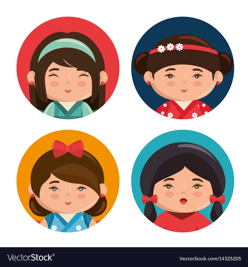 Cute Japanese Girls Group Kawaii Style Royalty Free Vector