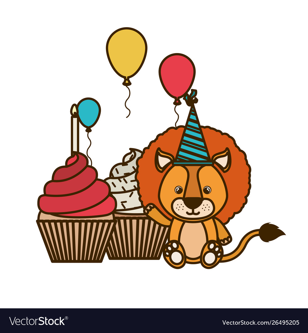 Cute lion with cake happy birthday