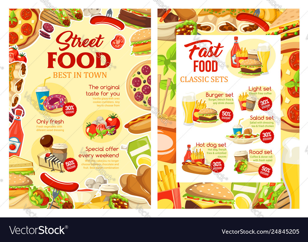 Fast food and street food meals menu Royalty Free Vector