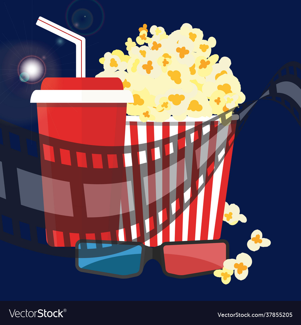 Popcorn and drink film strip border cinema movie vector image Popcorn and drink film strip border cinema movie