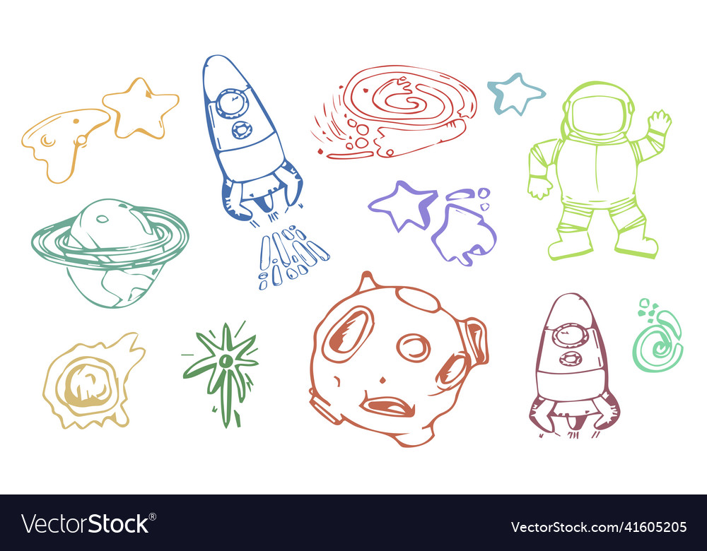 Set of space elements in the doodle sketch style vector image Set of space elements in the doodle sketch style