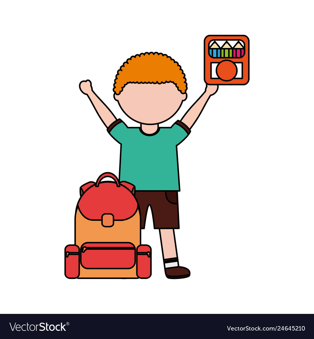 Boy with backpack and color pencils back to school