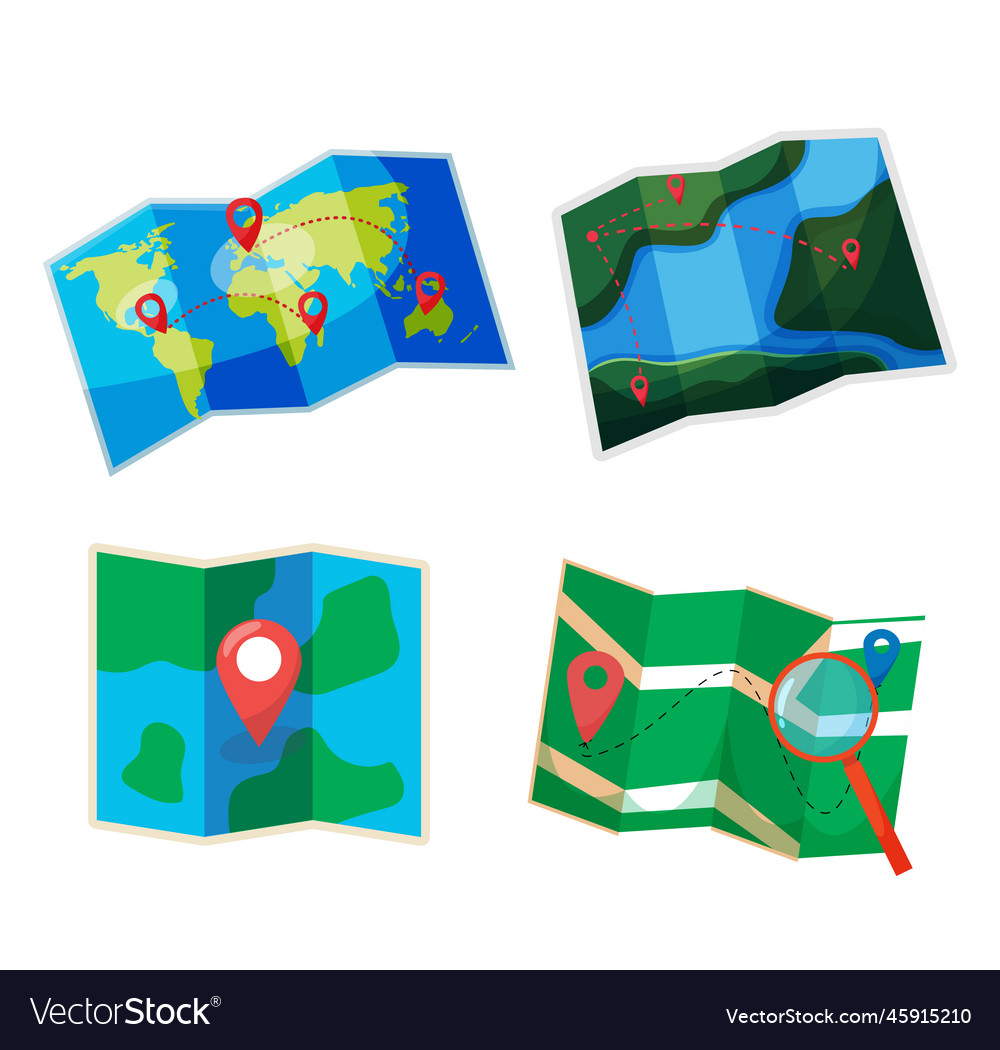 Folded paper map of world with color point marker vector image Folded paper map of world with color point marker